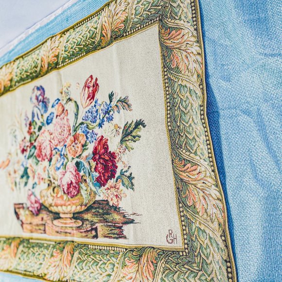 Vintage G.R.H. Large Woven Wall Tapestry Hanging Vibrant Floral Victorian Style - Picture 6 of 15